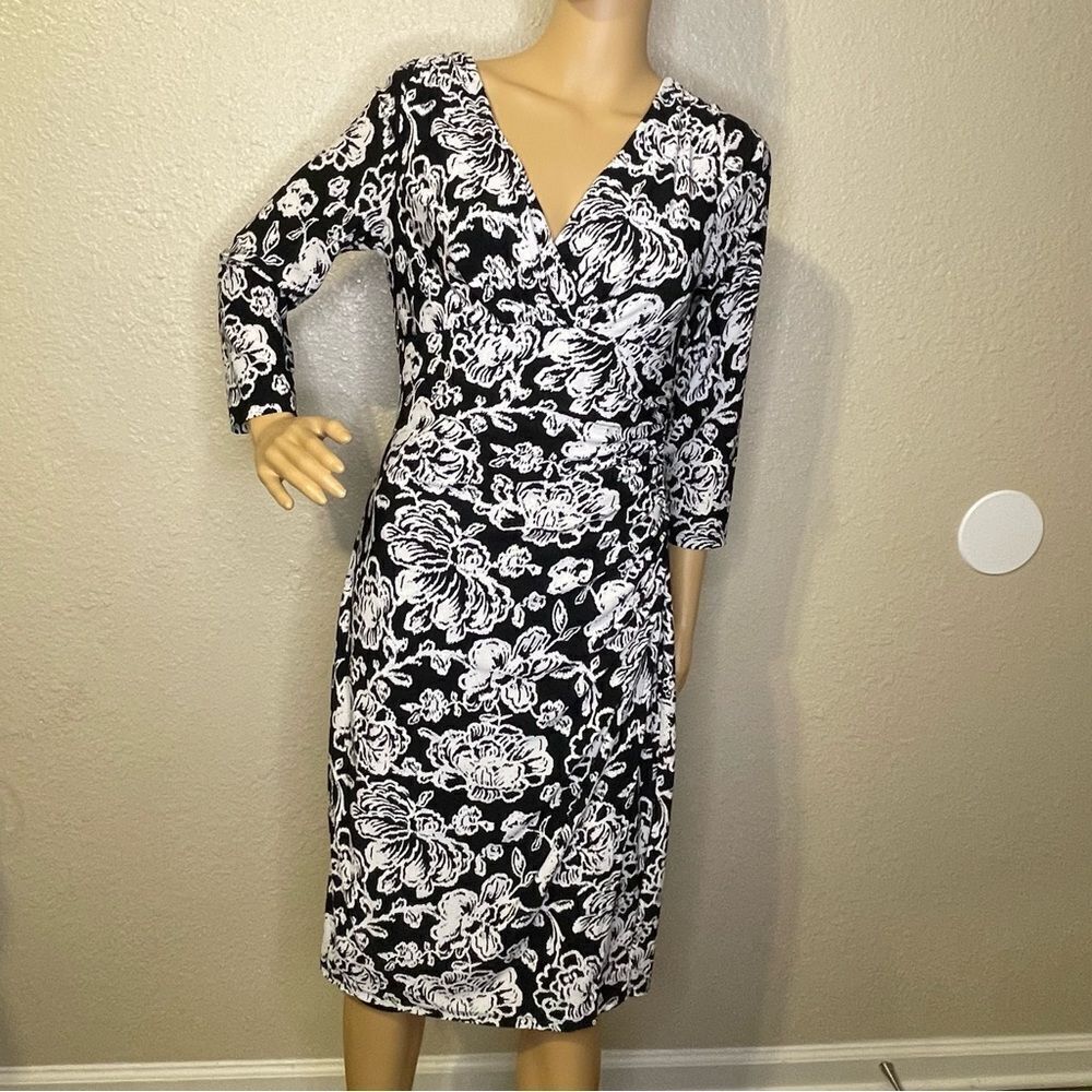 Lauren Ralph Lauren Floral 3/4 Sleeve Ruched Midi Dress Black White Size 10